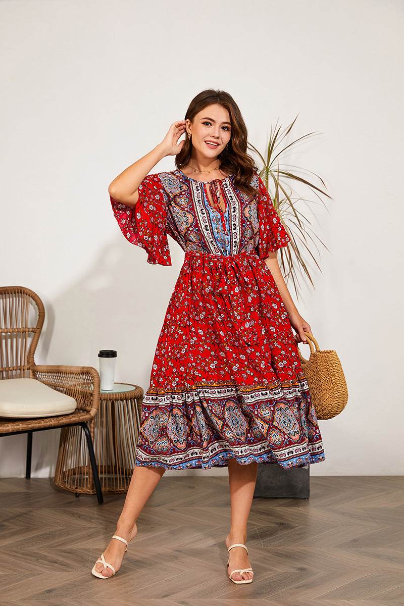 Modest Plus Size Summer dress V Neck Midi Beach boho Dress