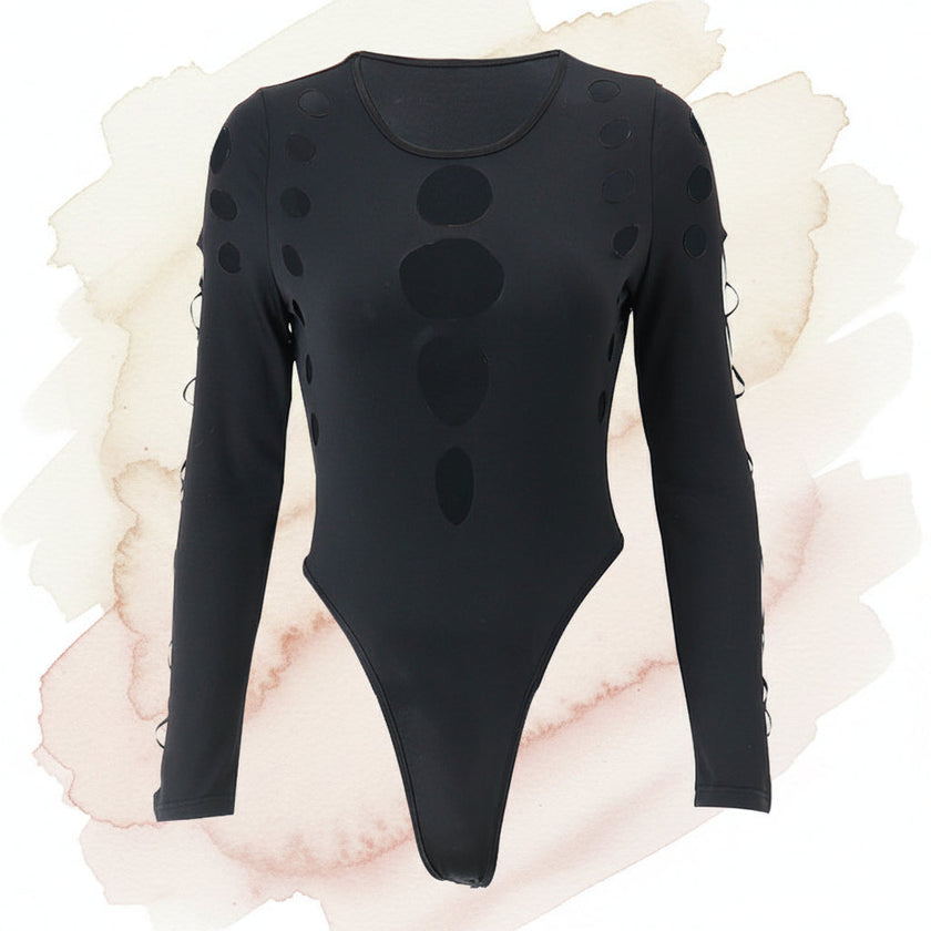 Women's Multi-Hollow Cutout Round Neck Long Sleeve Bodysuit – Black (S/M/L)