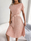 Casual Spring Summer Tie belt Pleated Floral Midi Dress