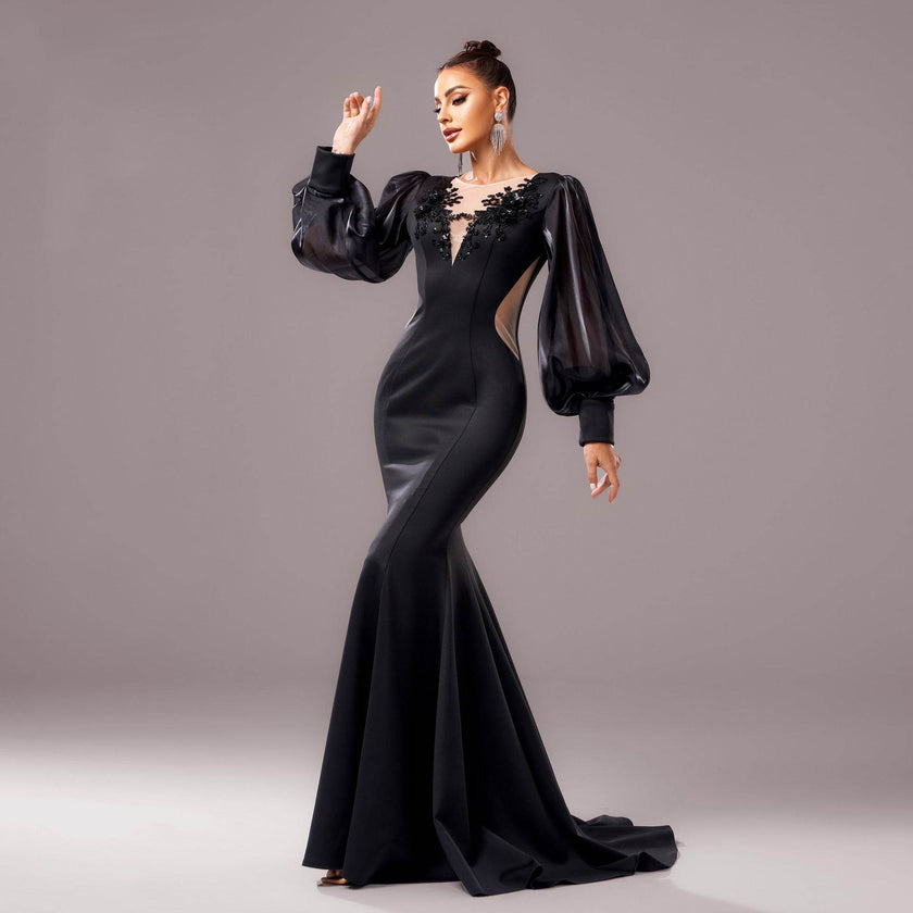 Lantern Sleeve Banquet Applique Sheath Fishtail Mermaid Dress