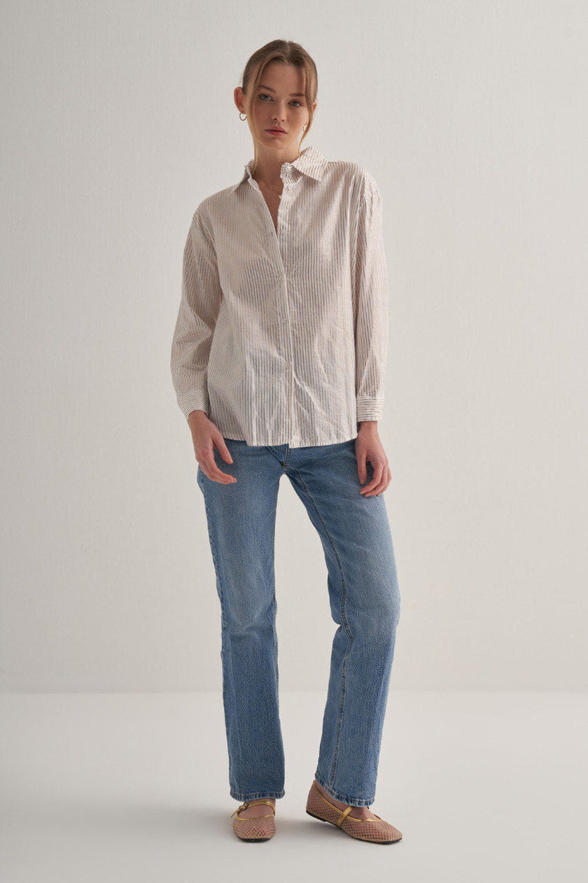 Button Down Gold Stripe Longsleeve Shirt - White