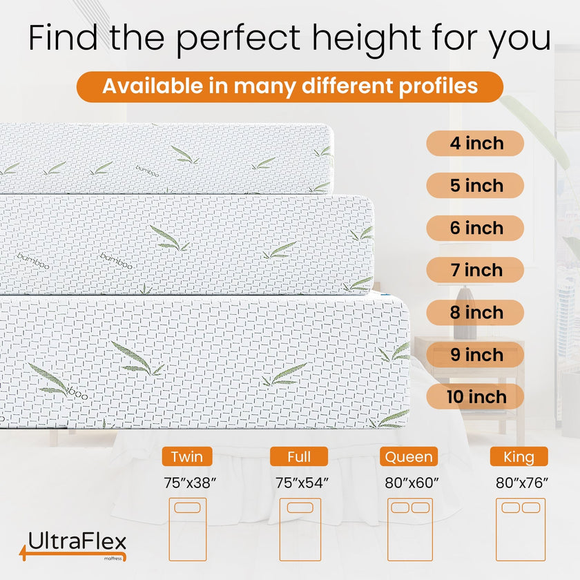 UltraFlex® SleepTight – Canadian Made- Gel Memory Foam Mattress | CertiPUR-US® Certified, Cooling, Pressure Relief, Medium Firm, Fiberglass-Free, Bamboo Cover | Ideal for Bunk Beds, RVs & All Frames | Spinal Support & Motion Isolation