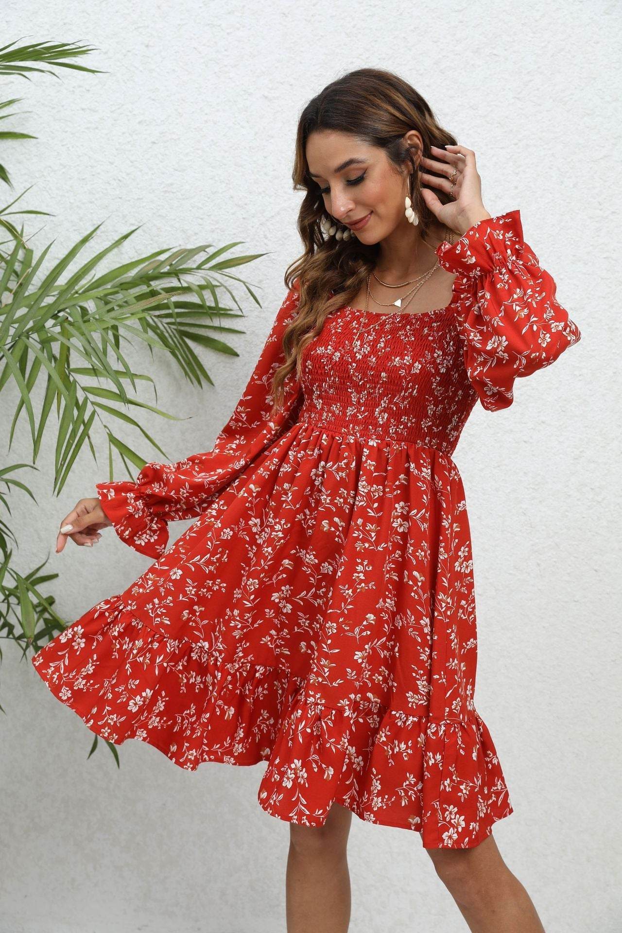 Casual Spring And Summer lantern Sleeve floral Mini Dress
