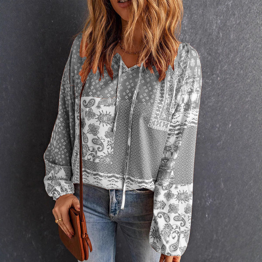 Women's Long-sleeved Printed Ethnic Blouse T-shirt Shirt