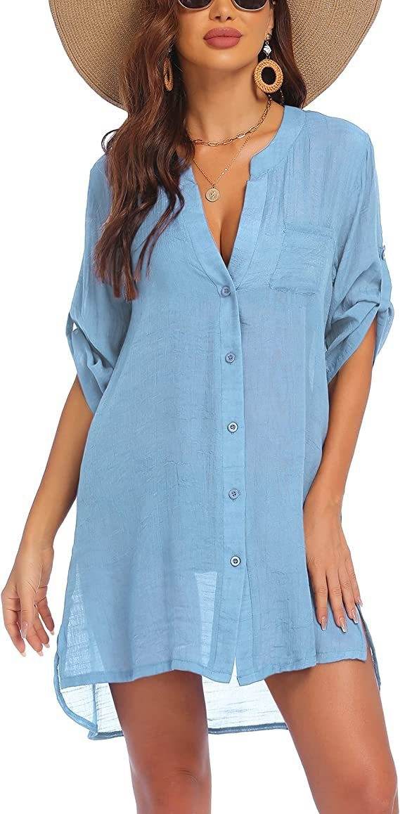 Women's Linen Beach Shirt Dress – Lightweight Sun Protection Cover-Up (S–3XL, 5 Colors)
