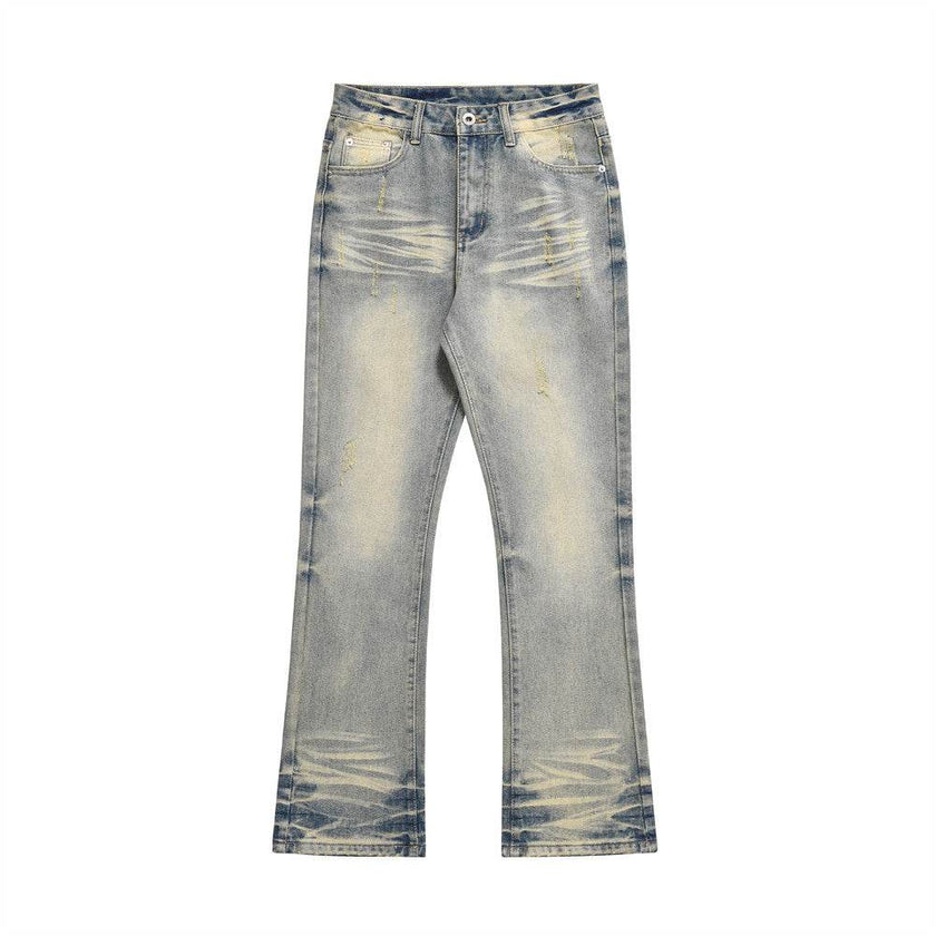 Distressed Scratches Denim Straight-leg Pants Men Jeans