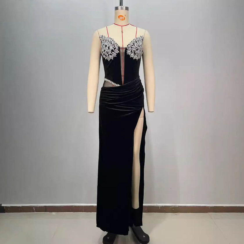 Women's Black Bandeau Slim-fit Drilling Slit Cocktail Evening Dinner Dress