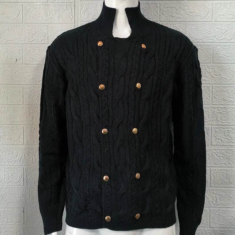 Men's Pure Color Half Collar Double-breasted Knitted Sweater Coat