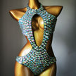 Women's Mesh Diamond One-Piece Swimsuit – Rhinestone Sheer Overlay Swimwear