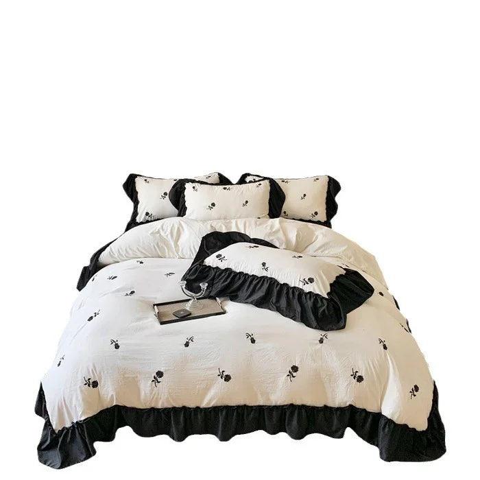 Embroidered Wide Edge Floral Washed Cotton Four-piece Duvet Cover Bedding Set