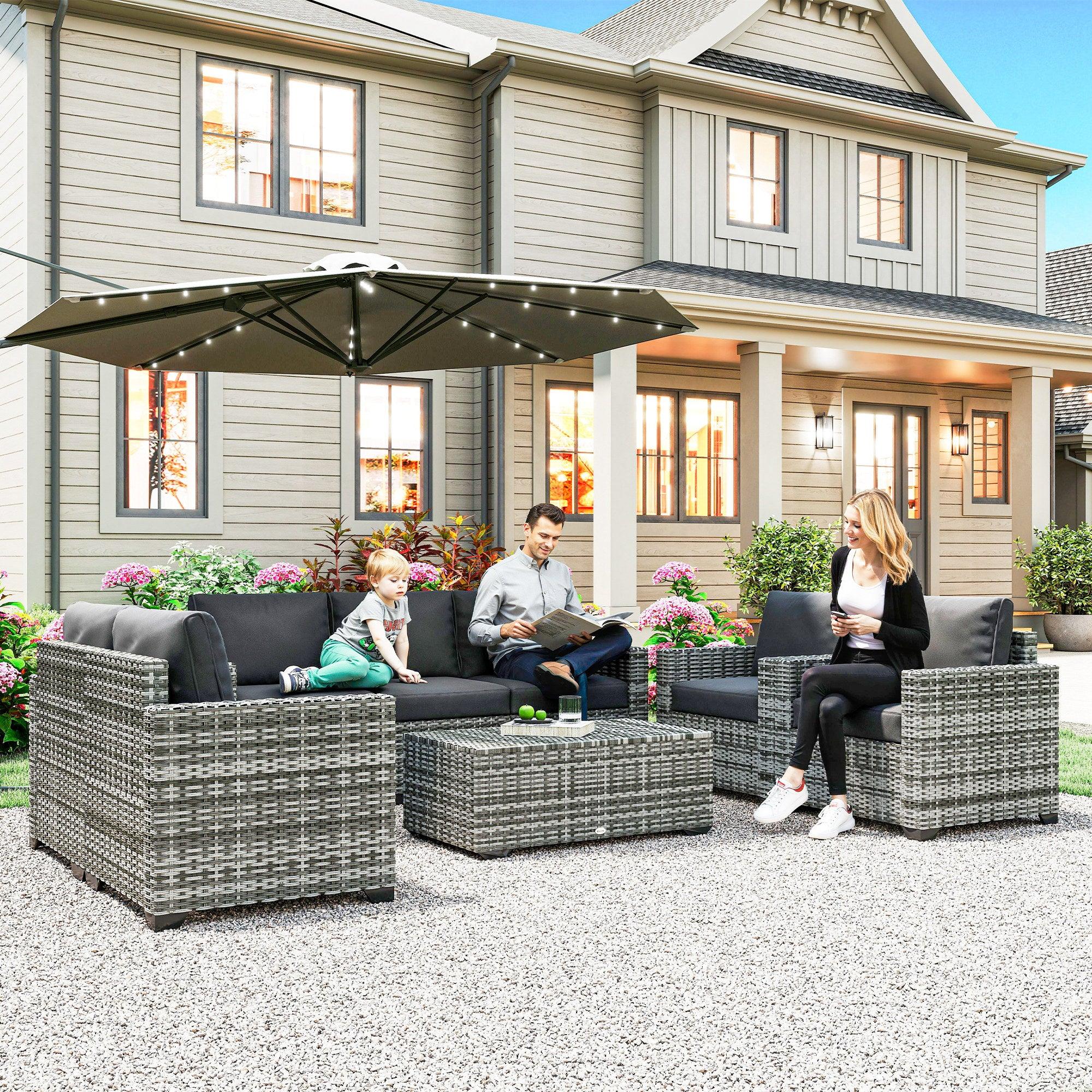 Patio Furniture Set, Cushions, Sofa, Loveseat, Storage Table, Gray