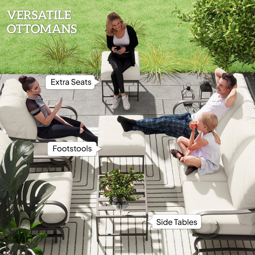 5 Piece Backyard Patio Furniture Set, Outdoor Furniture Set with 2 Rocking Chairs, 3-Seat Sofa, and 2 Ottomans, Beige