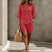 Women's Two-Piece Shorts Suit – V-Neck Ruffle Top & Short Pant Set
