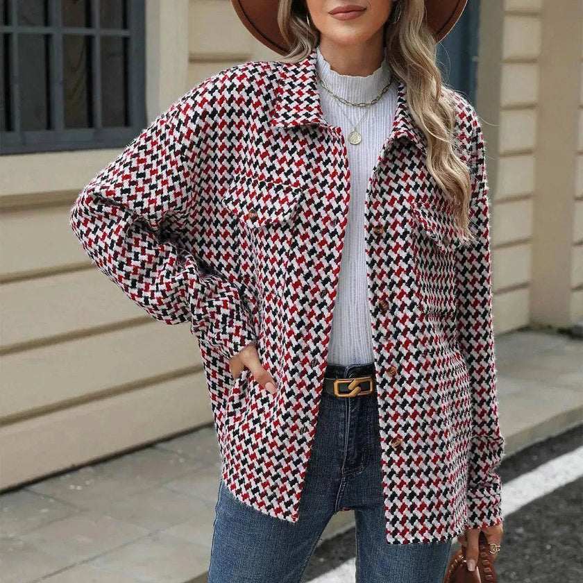Casual Houndstooth Lapel Tweed Button long sleeve shirt tops for women
