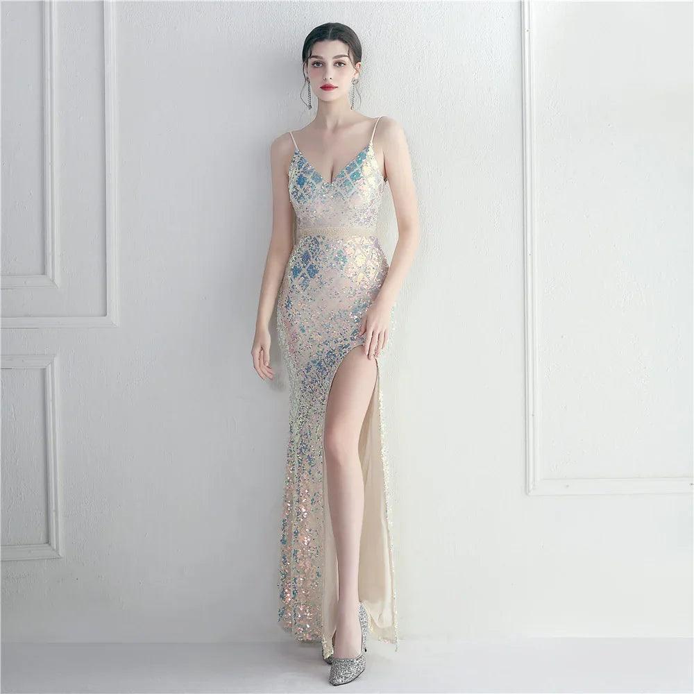Colorful Sequin Sling Split Sheath Long Dinner Party Dress