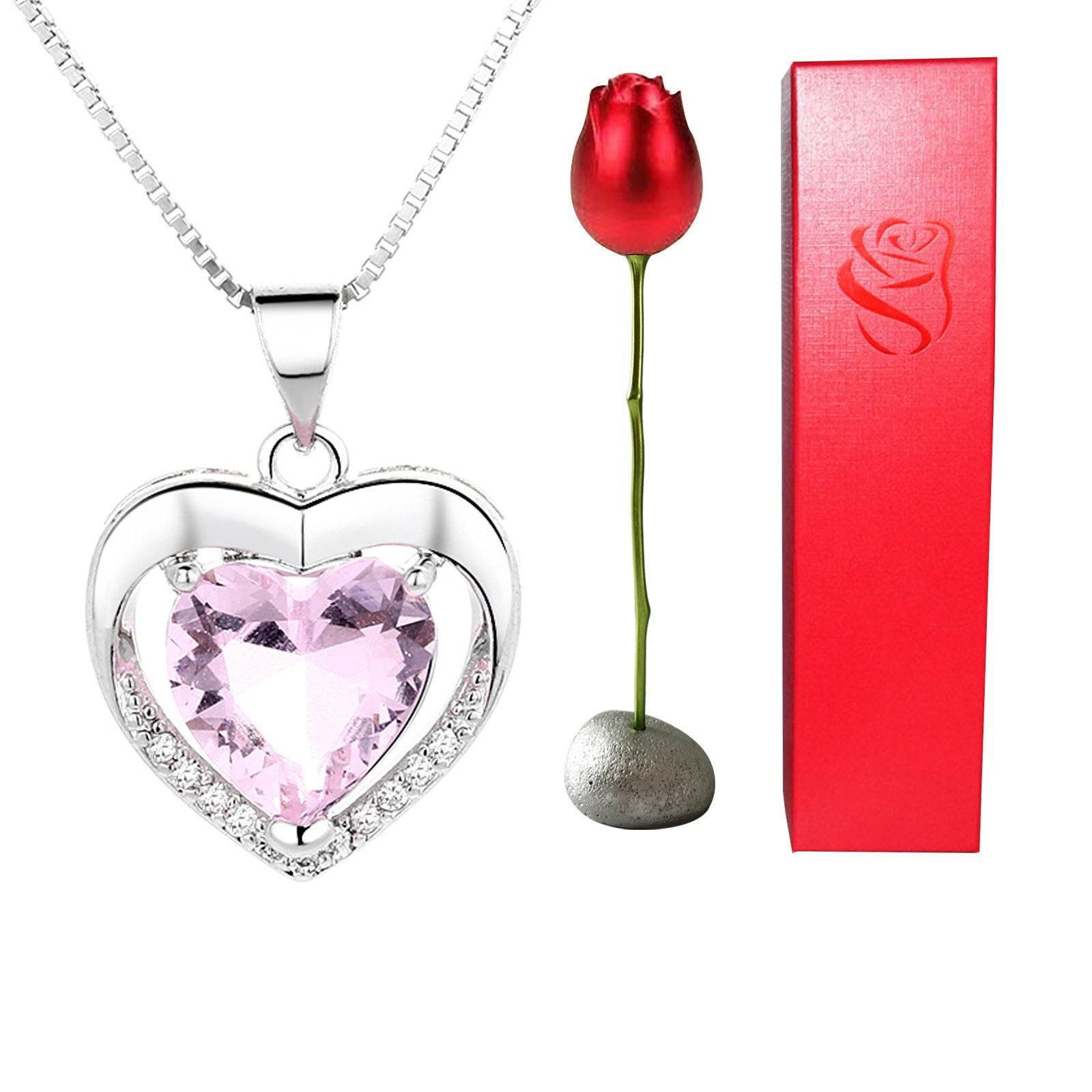 Valentines Day Gift Heart Shaped Blue Purple Crystal Diamond Pendant Rose Head Necklace