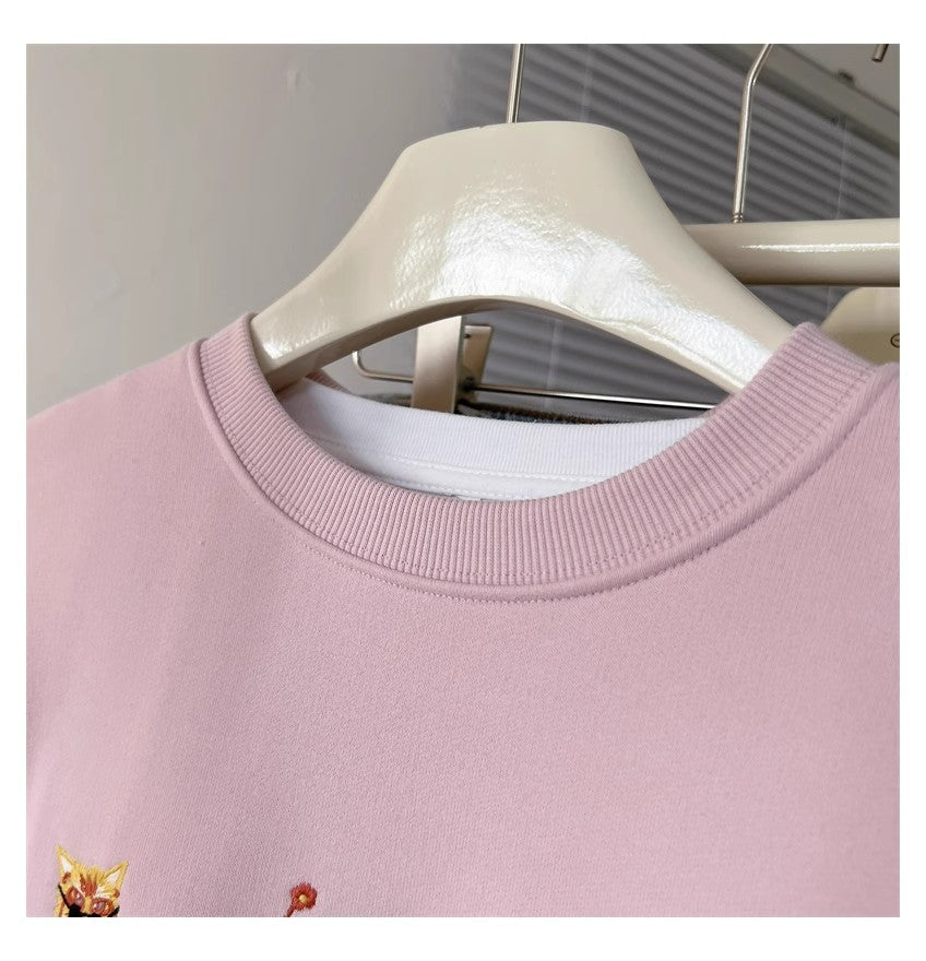 Women's 3D Kitten Embroidery Pullover Sweater Coat – Loose Fit Canada USA