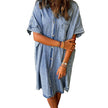 Women's Solid Color Single Row Multi-buckle loose Dress Short Sleeve Denim