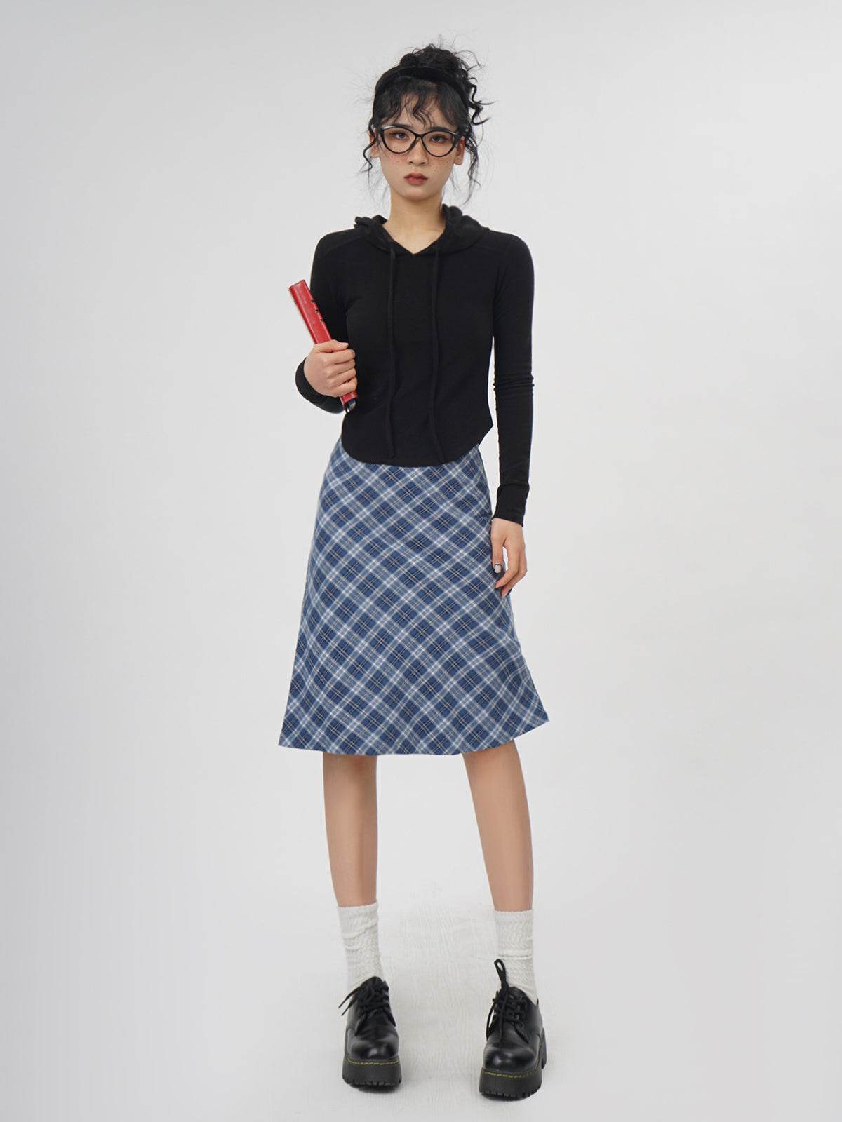 Plaid A- Line Skirt Women's High Waist student Midi Skirt