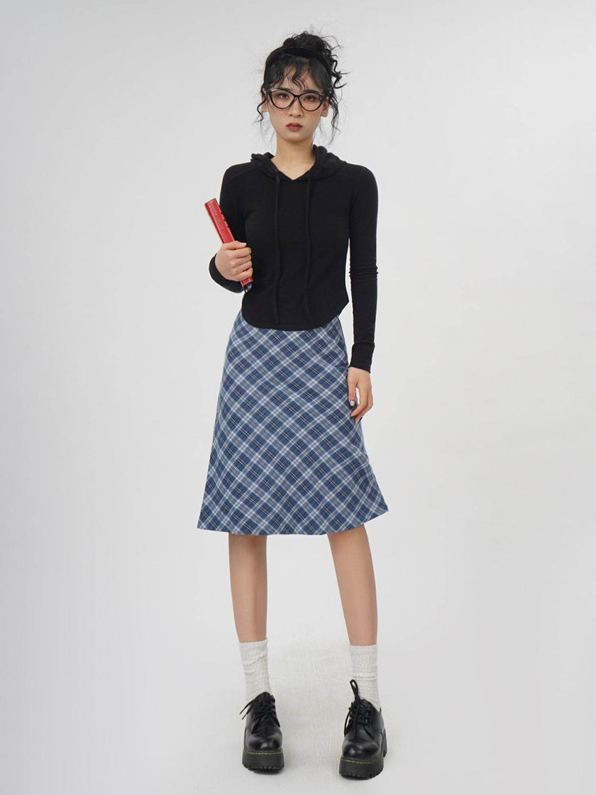 Plaid A- Line Skirt Women's High Waist student Midi Skirt