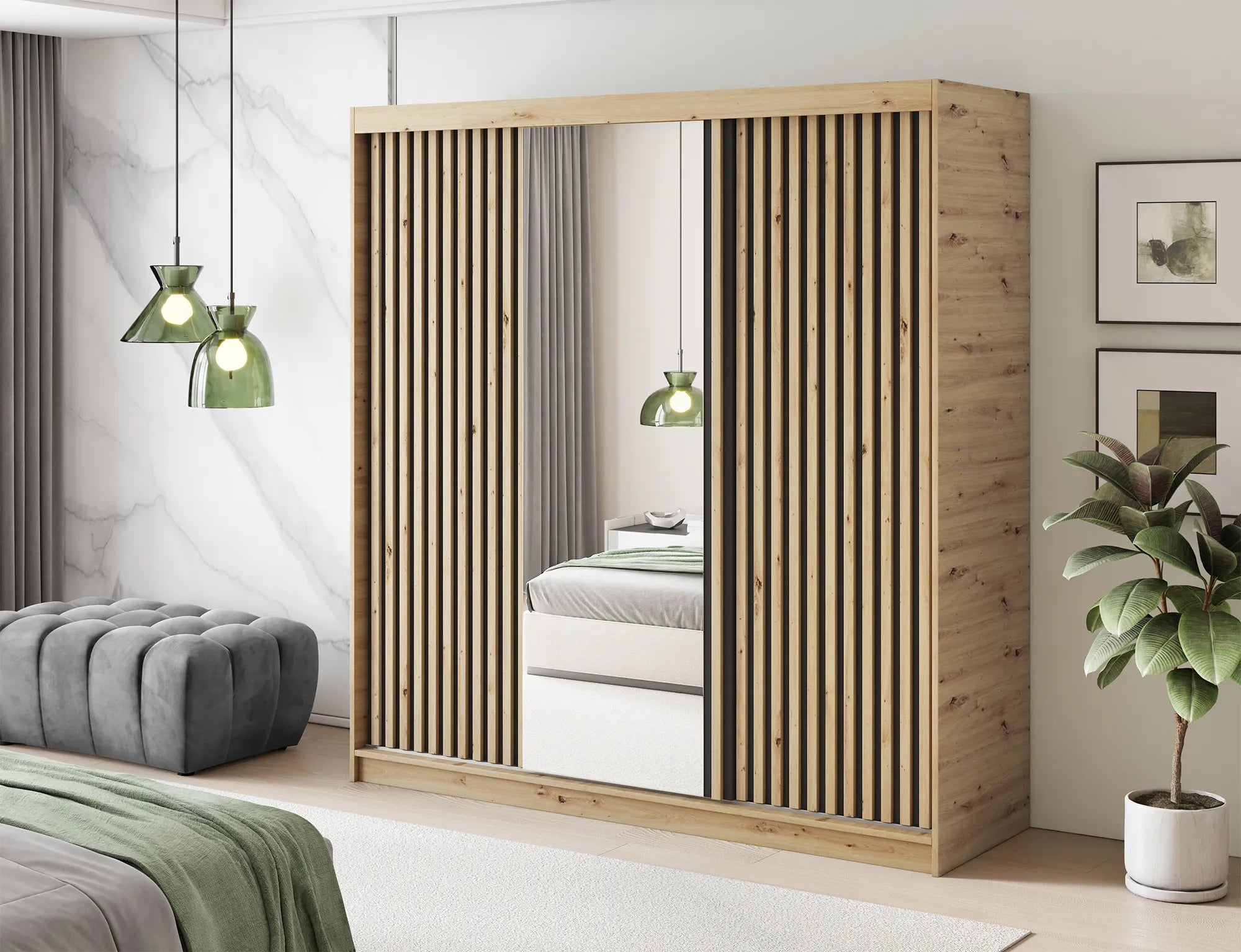 Emerio Mirrored 3 Sliding Door Freestanding Wardrobe - Maple Oak