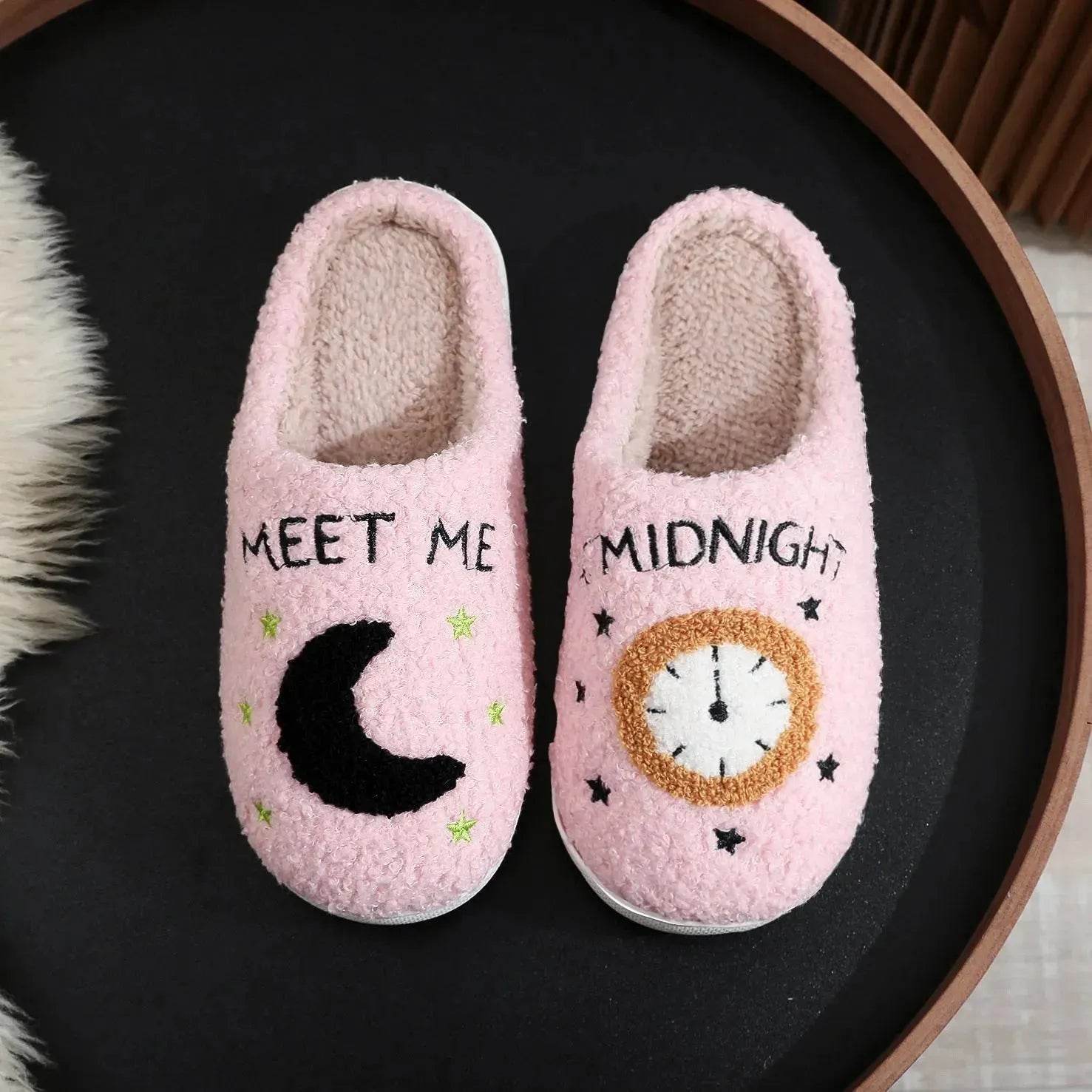 Fashion Moon And Clock Print Home Slippers Winter Warm Floor Bedroom House Shoes For Women