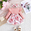 Latest Popular Sweet Long Sleeve pink Romper White Floral Suspender Skirt two piece for baby girls