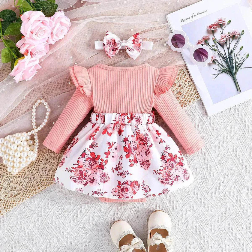 Latest Popular Sweet Long Sleeve pink Romper White Floral Suspender Skirt two piece for baby girls