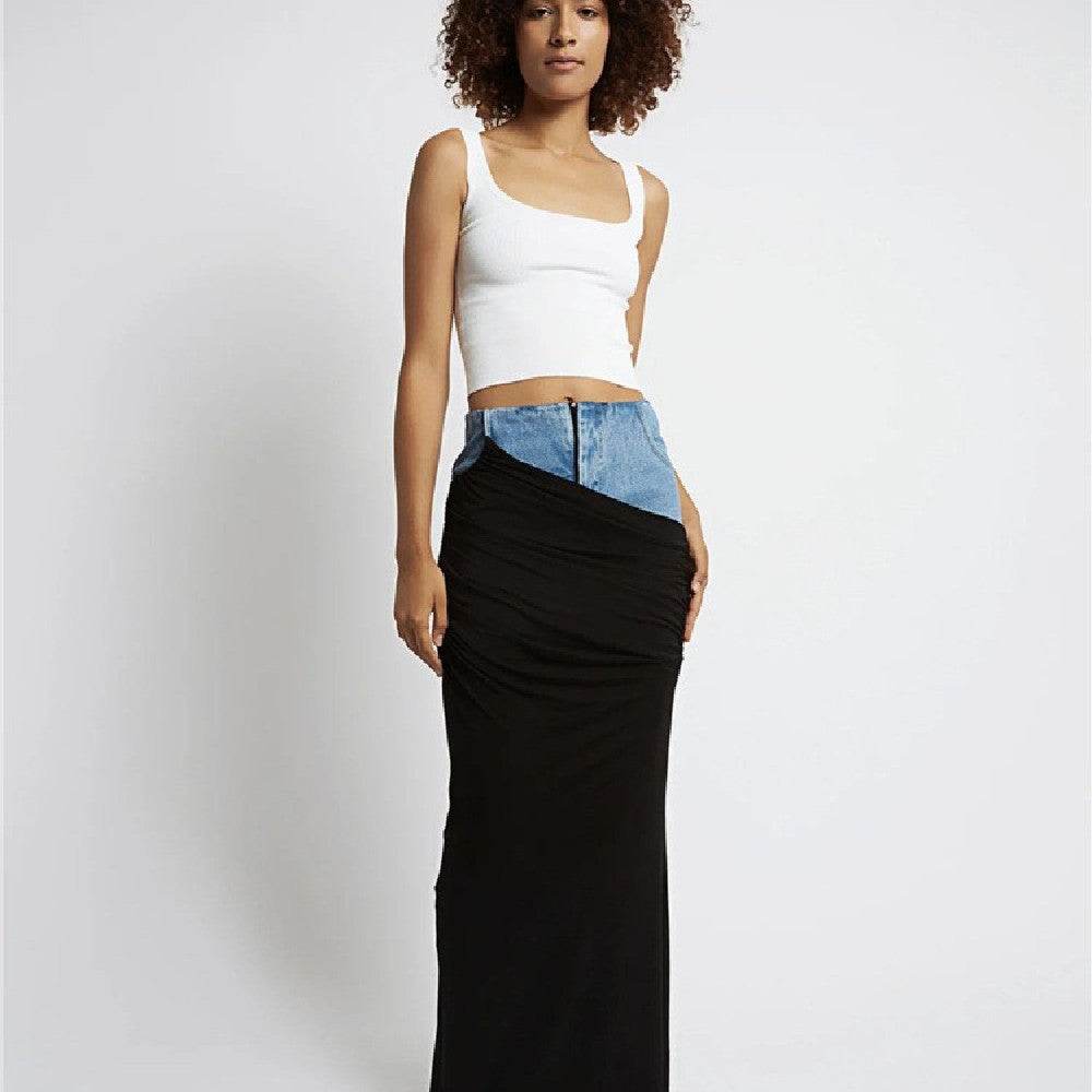 Fashion Black Panel Long Pencil Denim Skirt