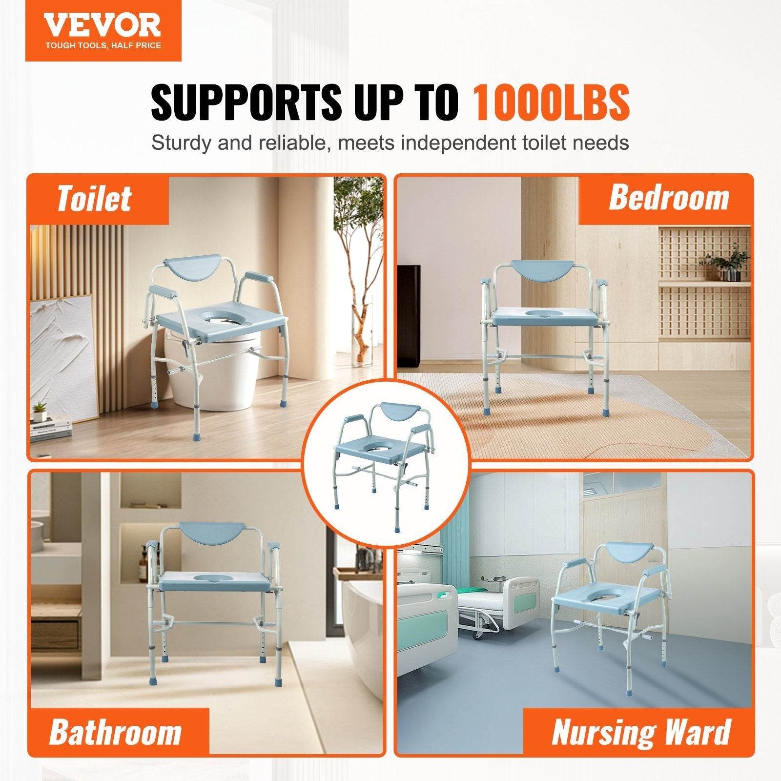 Commode Chair, Bedside Commode With Drop-Down Arms And Detachable Backrest, 5-Level Adjustable Height, 7L Removable Bucket, Easy To Assemble, 1000LBS Capacity, Portable Toilet For Adults Seniors