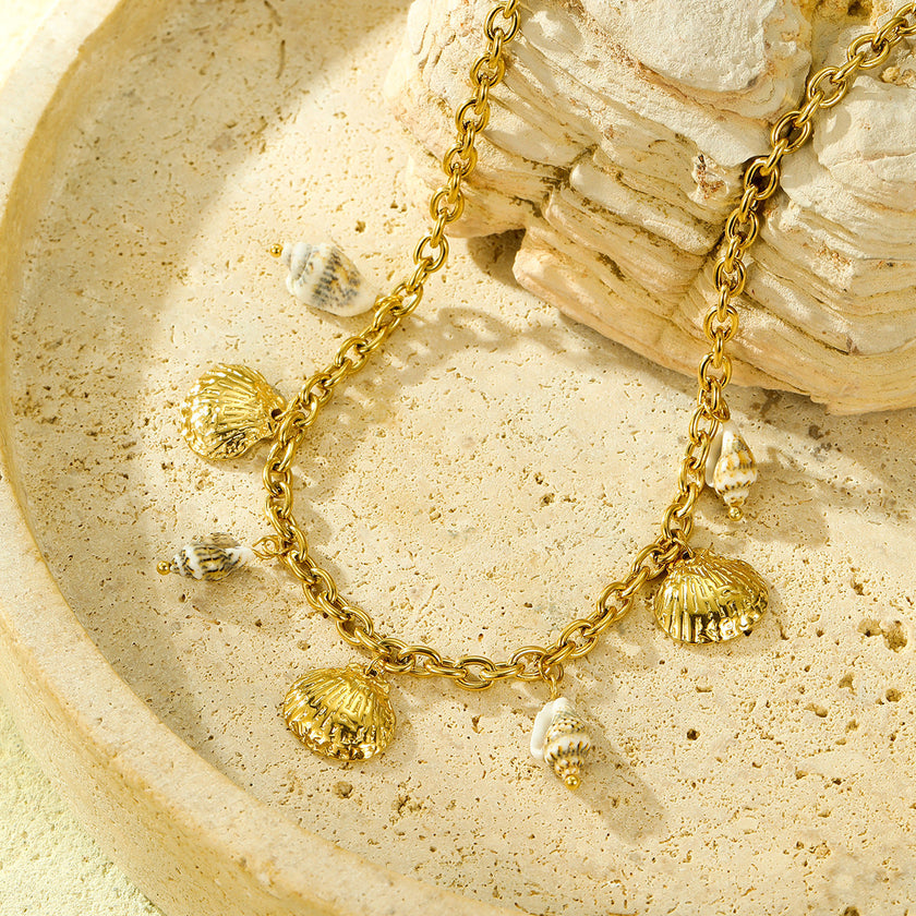 18K Gold Titanium Steel Shell Conch Necklace – Ocean Style Pendant Necklace