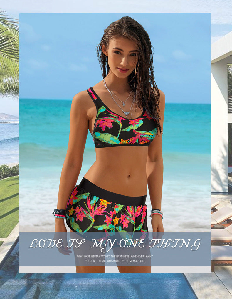 Women's Floral Print Bikini Split Swimsuit | Polyester Swimwear S-2XL