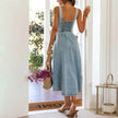 Women's sleeveless Denim Buckle Strap Midi maxi Dress