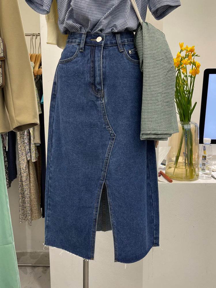 Casual Front Slit Dark Blue and Light Blue Denim Midi Skirt for women