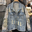 Street Fashion Heavy Industry lose Ripped Sequined Sleeve Denim Jacket Women