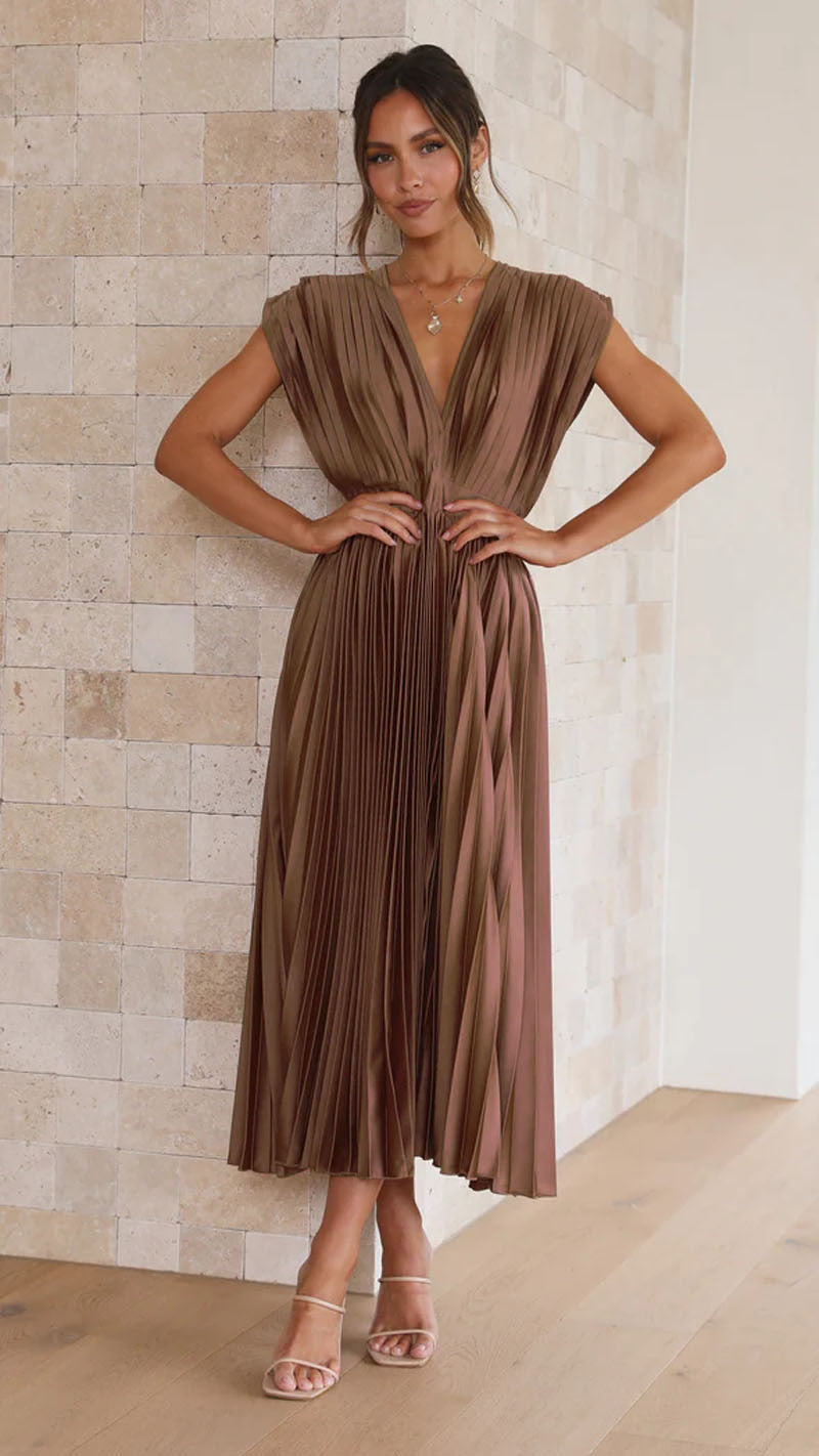 Women's V-Neck Pleated Midi Dress – Sleeveless Zip Casual Summer Dress