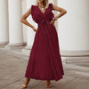 Maxi Dresses For Women - Elegant V Neck Ruffled Sleeves Empire Waist Pleated Flowy Dress