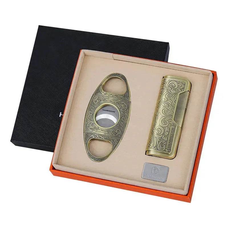 Embossed Portable Metal Alloy Cigar Cutter and Torch Lighter Gift box set