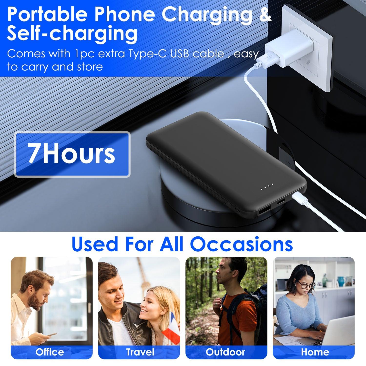 10000mAh Power Bank Portable Charger Built-In Lightning Type-C Cable 3 Devices iPhone Android