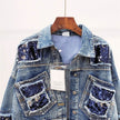 Heavy Industry Sequins Short Doll Sleeve Denim Jacket Women