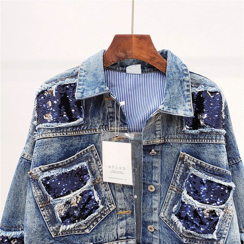 Heavy Industry Sequins Short Doll Sleeve Denim Jacket Women