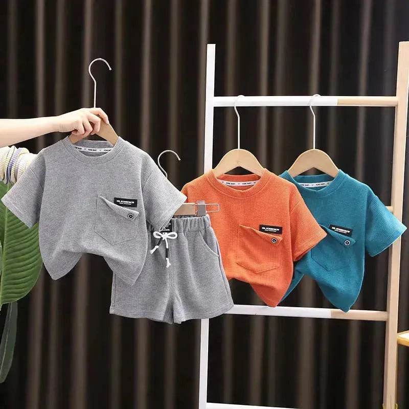 Children's Summer Clothing Casual Plain color Cotton Short Sleeve shirt and Short pant Two-piece Set