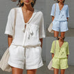 Women's Linen Tie-Front Shirt & Shorts Set – Casual Summer 2-Piece Outfit