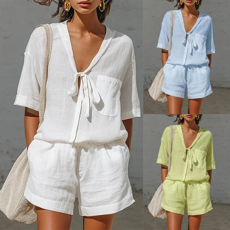 Women's Linen Tie-Front Shirt & Shorts Set – Casual Summer 2-Piece Outfit