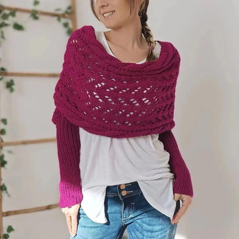Autumn And Winter Warm Knitted Shawl top Women's Hollowed-out Double Sleeve