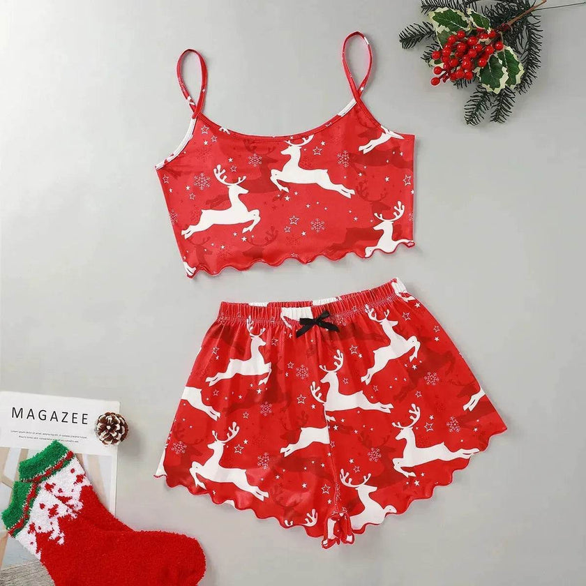 Christmas European And American Thin Pajamas Women's Sleeveless Shorts Milk Silk Simple Casual Two-piece Suit Homewear