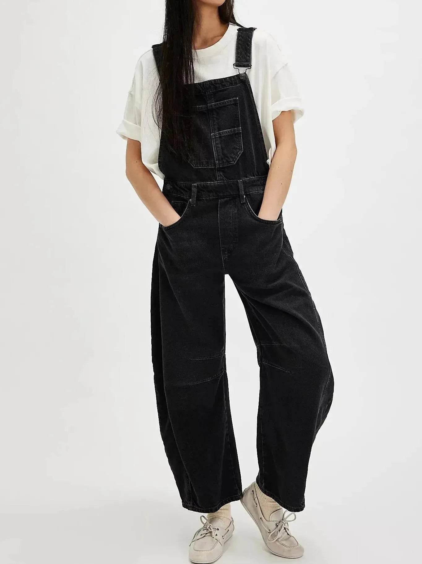 Women's Loose Denim Overalls Jumper – Casual Bib Suspender Jeans Jumpsuit with Pockets | Streetwear
