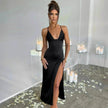 Spaghetti Strap Dress With Split Design Deep V-neck Sleeveless Backless Bodycon Satin  Evening Party Wedding Cocktail Dresses For Womens Clothing
