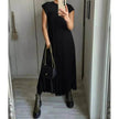 Women Summer Pleated Maxi Dress Casual Short Sleeve Crewneck Flowy Swing Long Dress with Pockets