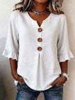 Summer Ruffled-Sleeve Top Loose Casual V-Neck Buttons Short-sleeved Shirts Women's Clothing